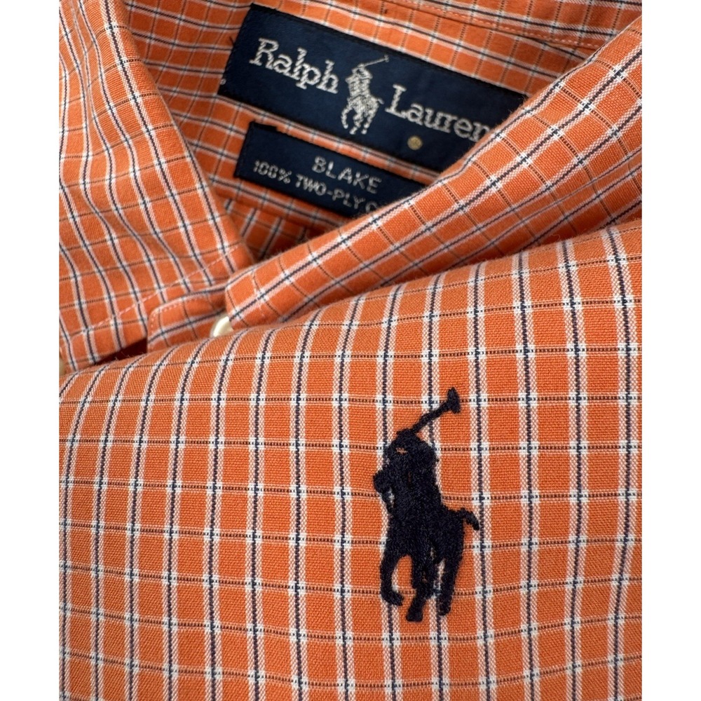 Ralph Lauren Blake Mens Long Sleeve Button Down Shirt‎ Plaid Pony Orange Medium